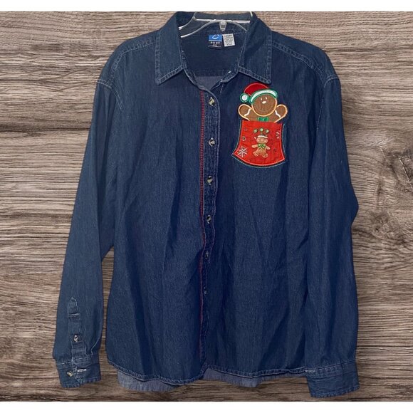 Denim Button-Up Shirt Gingerbread Man Christmas Pocket Design Holiday Party - Picture 2 of 7